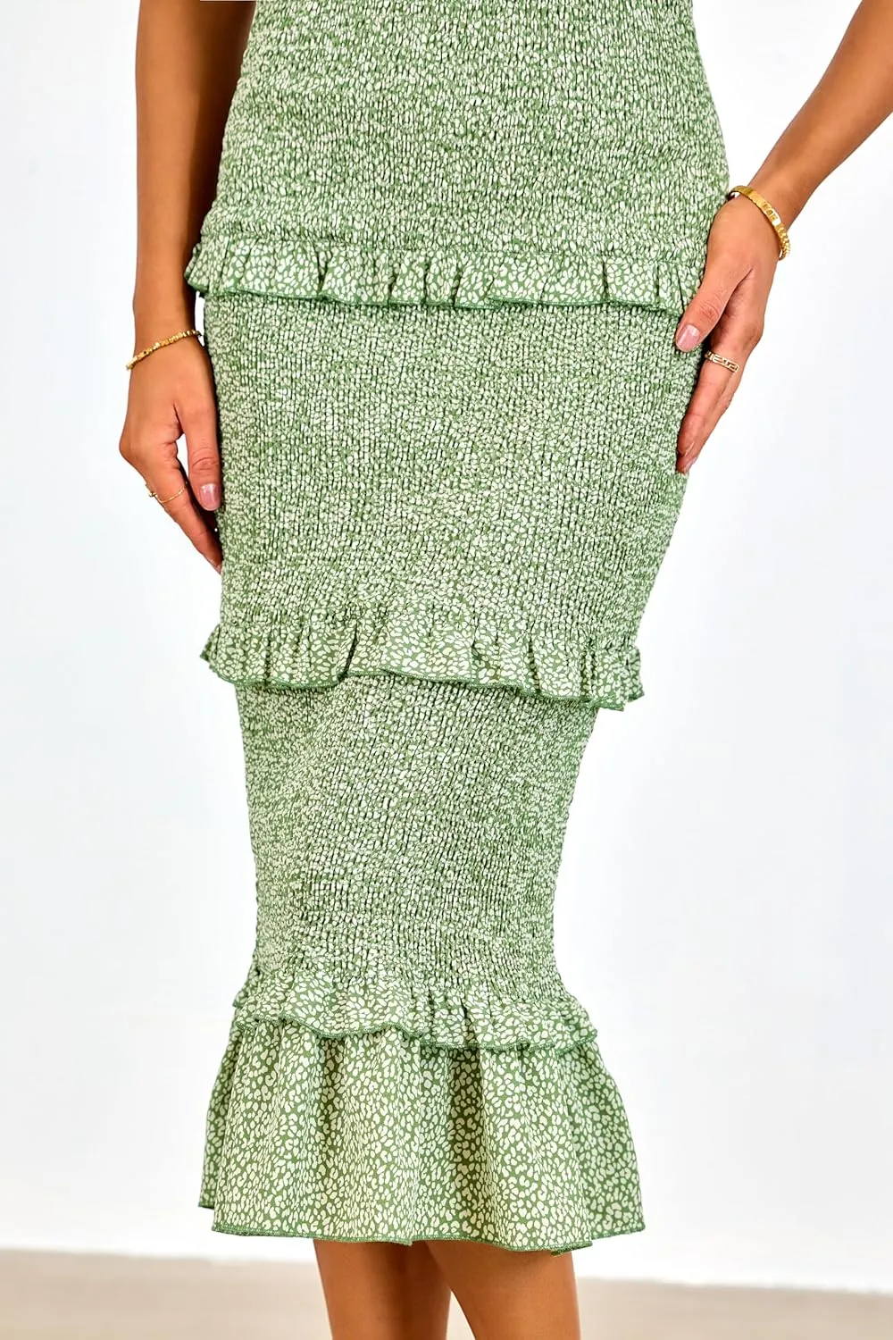 dowerme Women Summer Casual Floral Midi Smocked Bodycon Dresses Spaghetti Strap Square Neck Ruffle Mermaid Prom Dress