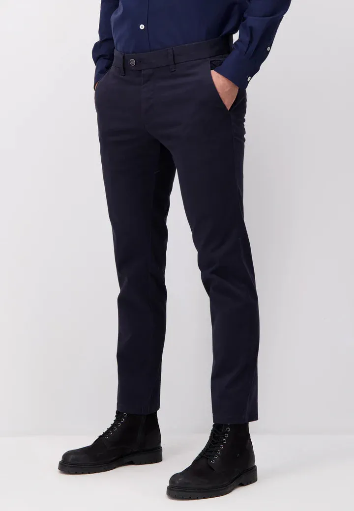 Fynch Hatton Stretch Cotton Chino Trousers - Regular Fit Dark Navy