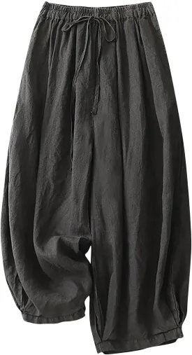 FZYLQY Women Drawstring Waist Harem Pants Soft Cotton Linen Slacks with Pockets Loose Fit Casual Trousers for Everyday Wear
