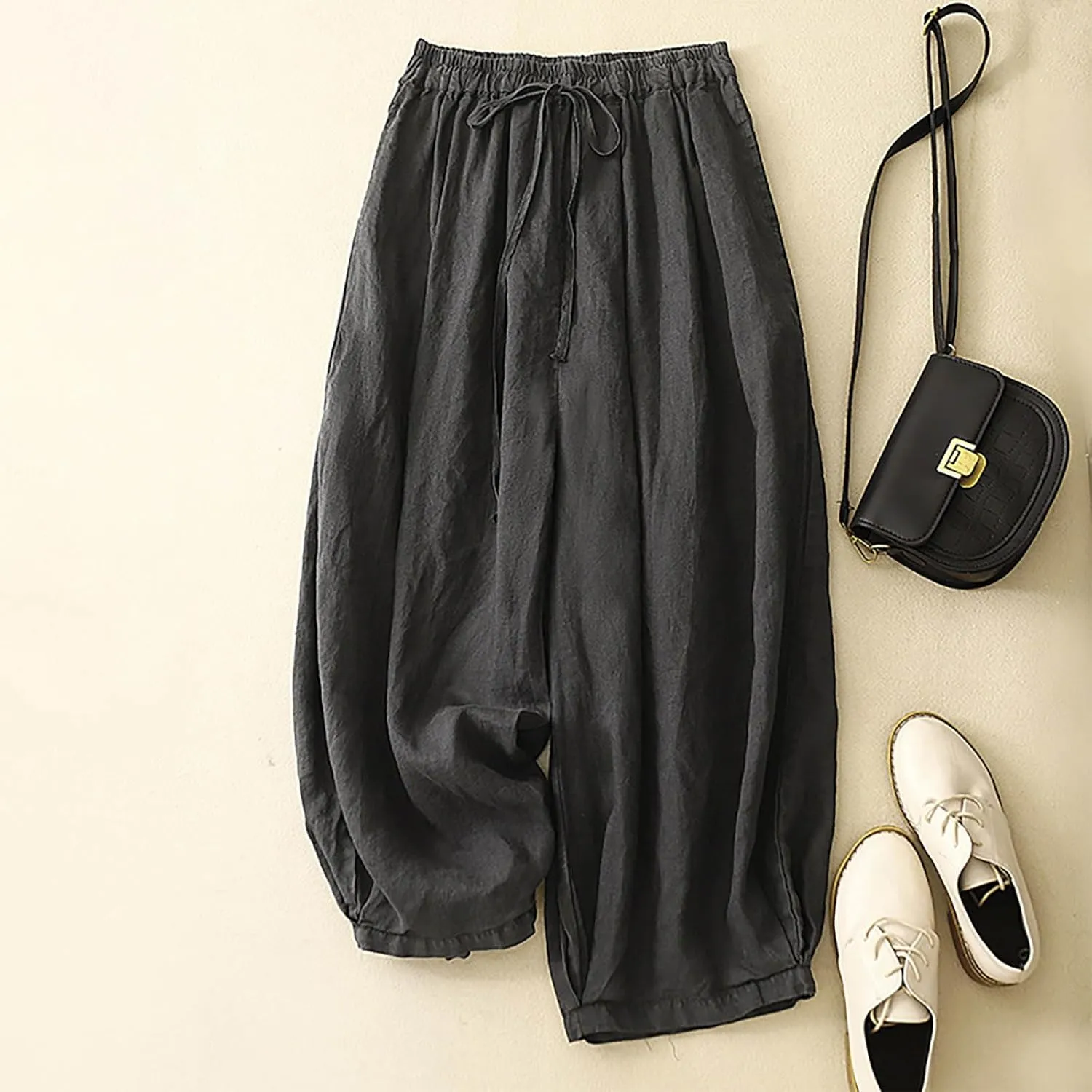 FZYLQY Women Drawstring Waist Harem Pants Soft Cotton Linen Slacks with Pockets Loose Fit Casual Trousers for Everyday Wear
