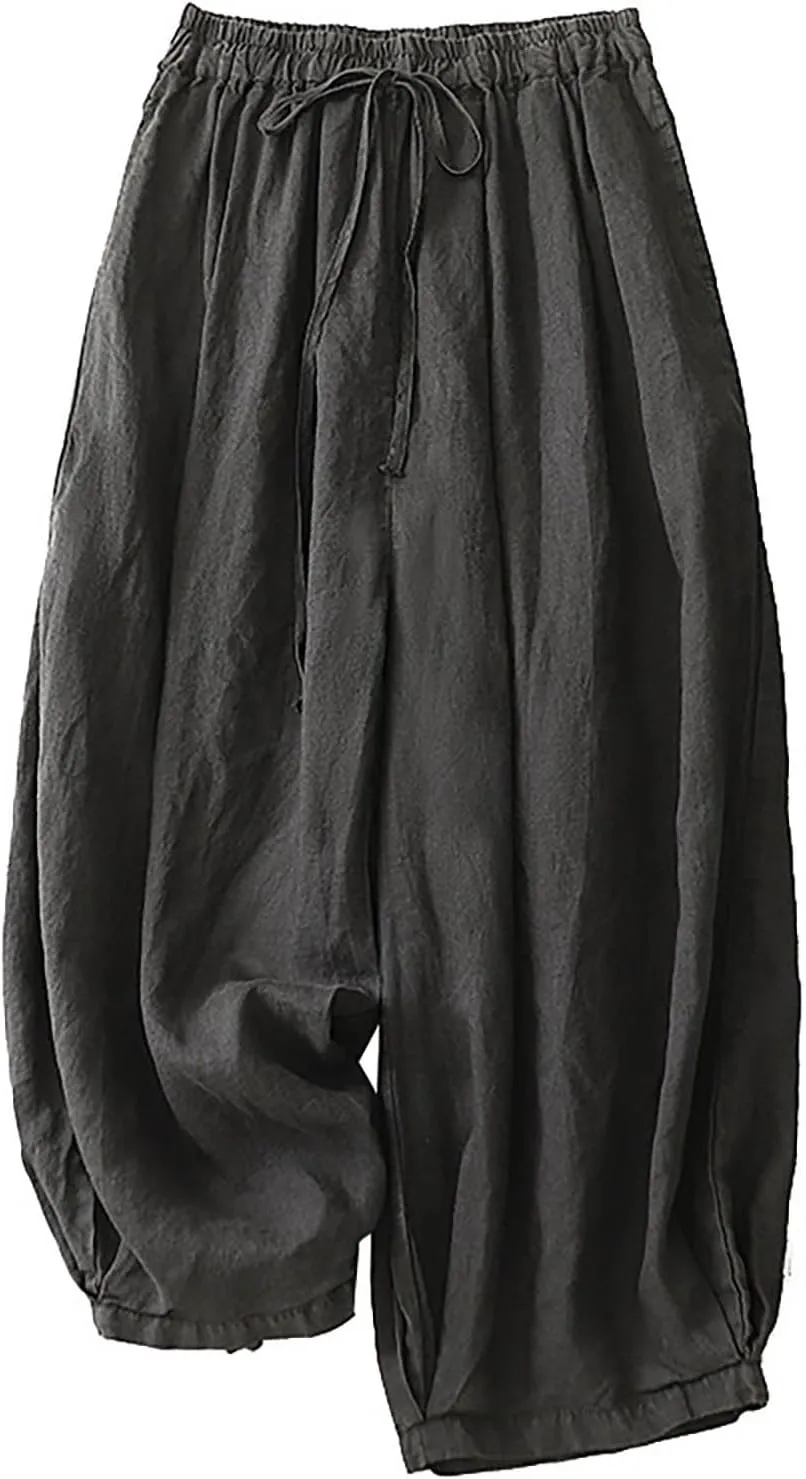 FZYLQY Women Drawstring Waist Harem Pants Soft Cotton Linen Slacks with Pockets Loose Fit Casual Trousers for Everyday Wear