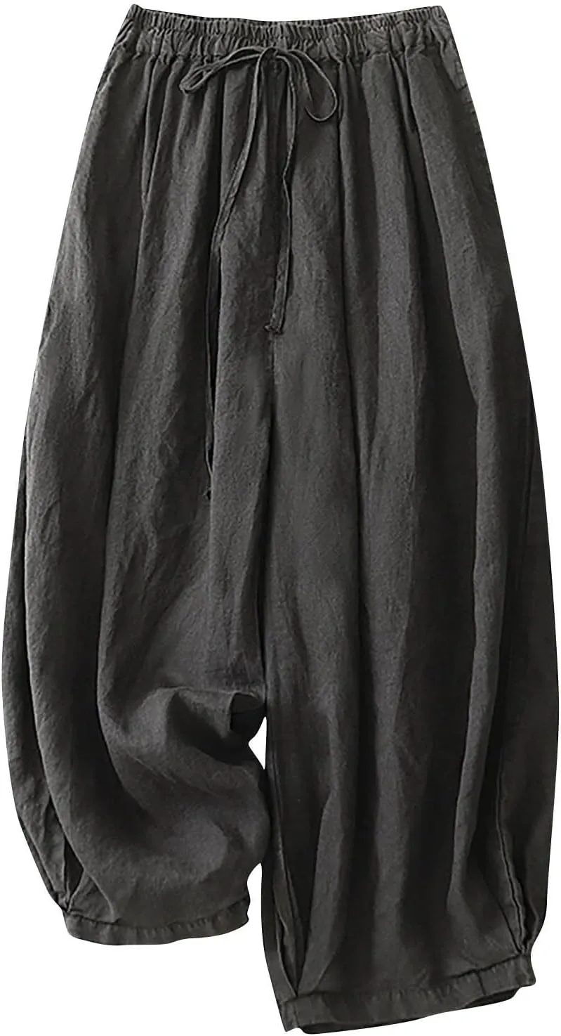 FZYLQY Women Drawstring Waist Harem Pants Soft Cotton Linen Slacks with Pockets Loose Fit Casual Trousers for Everyday Wear