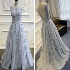 Gray Prom Dresses, V-Back Prom Dresses, Scoop Prom Dresses,Tulle Prom Dresses With Lace Appliques,Party Prom Dresses,Evening Prom Dresses,Prom Dresses Online,PD0083