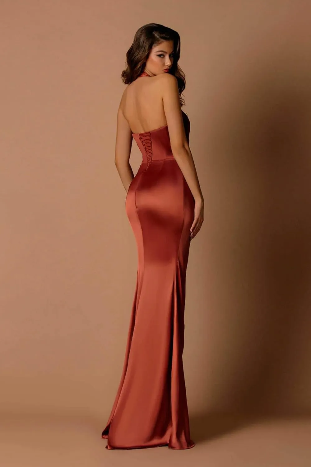 Halter Satin Bridesmaid Dresses Long with Slit for Women Mermaid Prom Dress Pleated Formal Gown Evening Dress