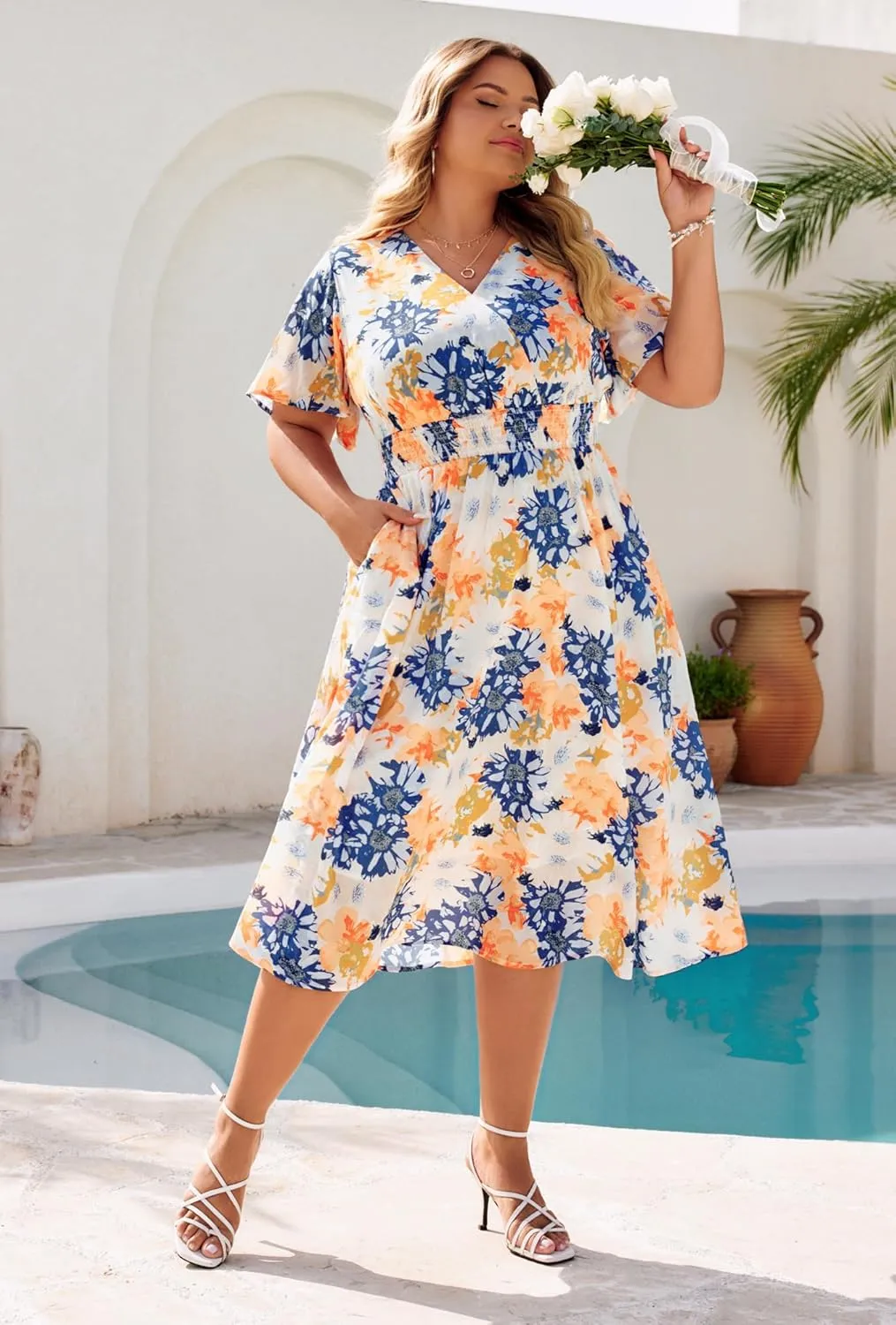 Hanna Nikole Women's Plus Size Summer Floral Dress Casual Short Sleeve Sundress Swing A Line Maxi Dresses with Pockets