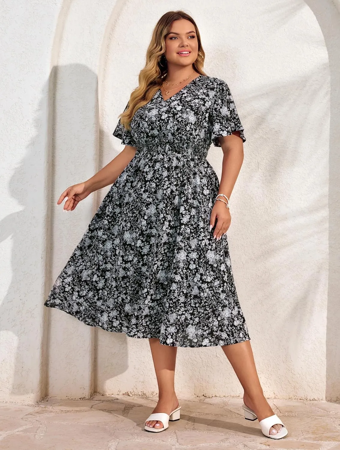 Hanna Nikole Women's Plus Size Summer Floral Dress Casual Short Sleeve Sundress Swing A Line Maxi Dresses with Pockets