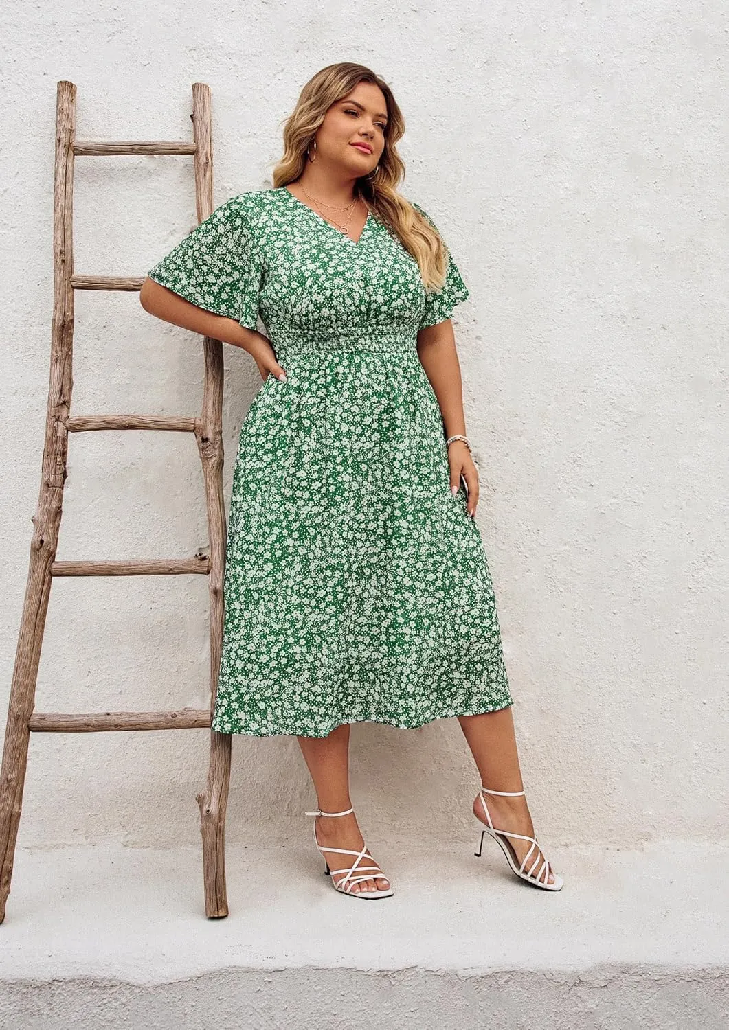 Hanna Nikole Women's Plus Size Summer Floral Dress Casual Short Sleeve Sundress Swing A Line Maxi Dresses with Pockets