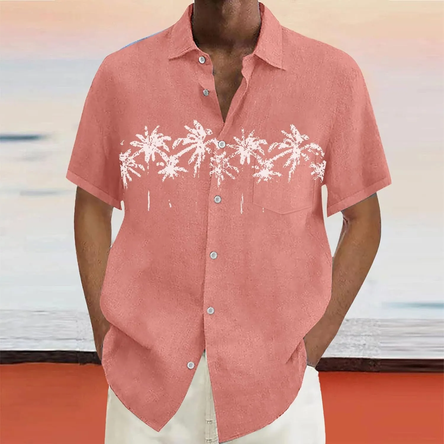 Hawaiian Shirts for Men Summer Beach Loose Fit Casual Short Sleeve Linen Tshirts Lightweight Button Down Hippie Tops