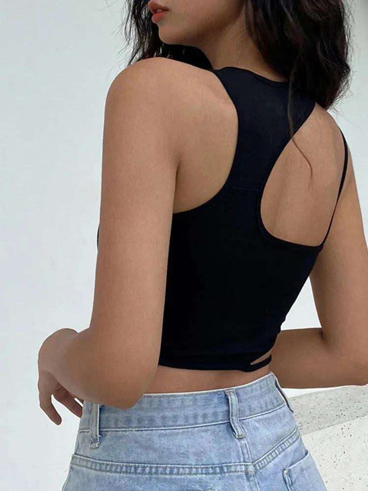 Hollow Out Black Y2K Sleeveless Skinny Cool Punk Techwear Spring Summer Sexy Crop Tops
