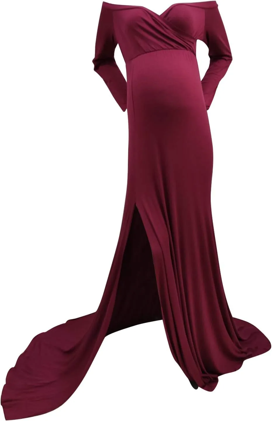 IWEMEK Women Ruched Floral Lace Maternity Photography Prop Maxi Dress Fancy Wedding Pregnancy Gown for Baby Shower Photoshoot