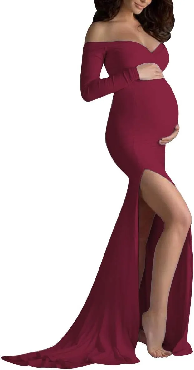 IWEMEK Women Ruched Floral Lace Maternity Photography Prop Maxi Dress Fancy Wedding Pregnancy Gown for Baby Shower Photoshoot