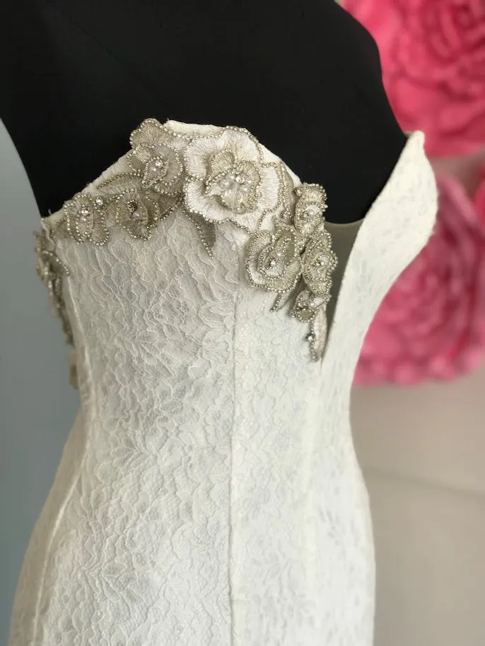 Johnathan Kayne B111 Size 6, 14 Lace Mermaid Wedding Dress Crystal Flower