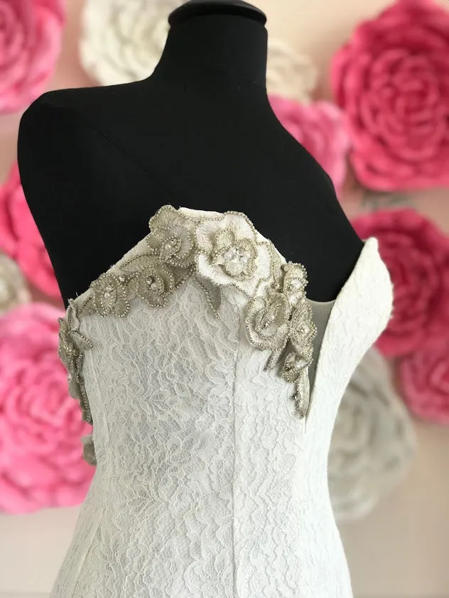 Johnathan Kayne B111 Size 6, 14 Lace Mermaid Wedding Dress Crystal Flower