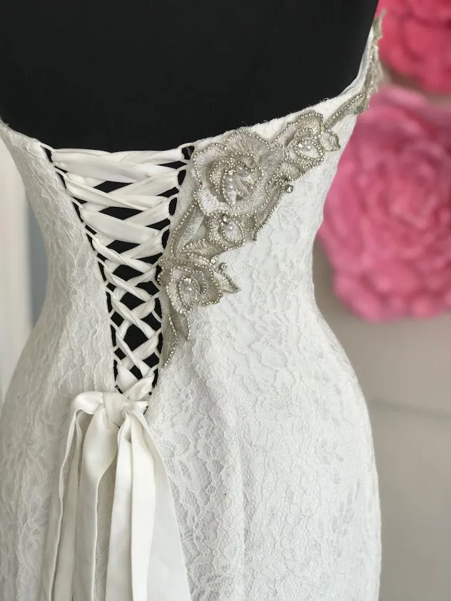 Johnathan Kayne B111 Size 6, 14 Lace Mermaid Wedding Dress Crystal Flower