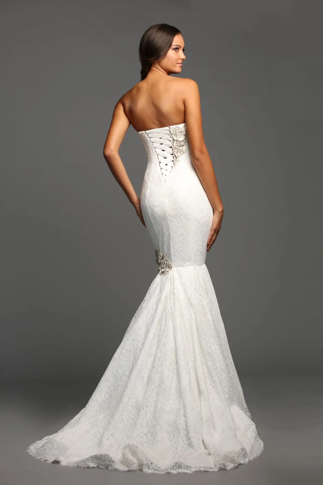 Johnathan Kayne B111 Size 6, 14 Lace Mermaid Wedding Dress Crystal Flower
