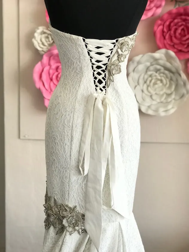 Johnathan Kayne B111 Size 6, 14 Lace Mermaid Wedding Dress Crystal Flower