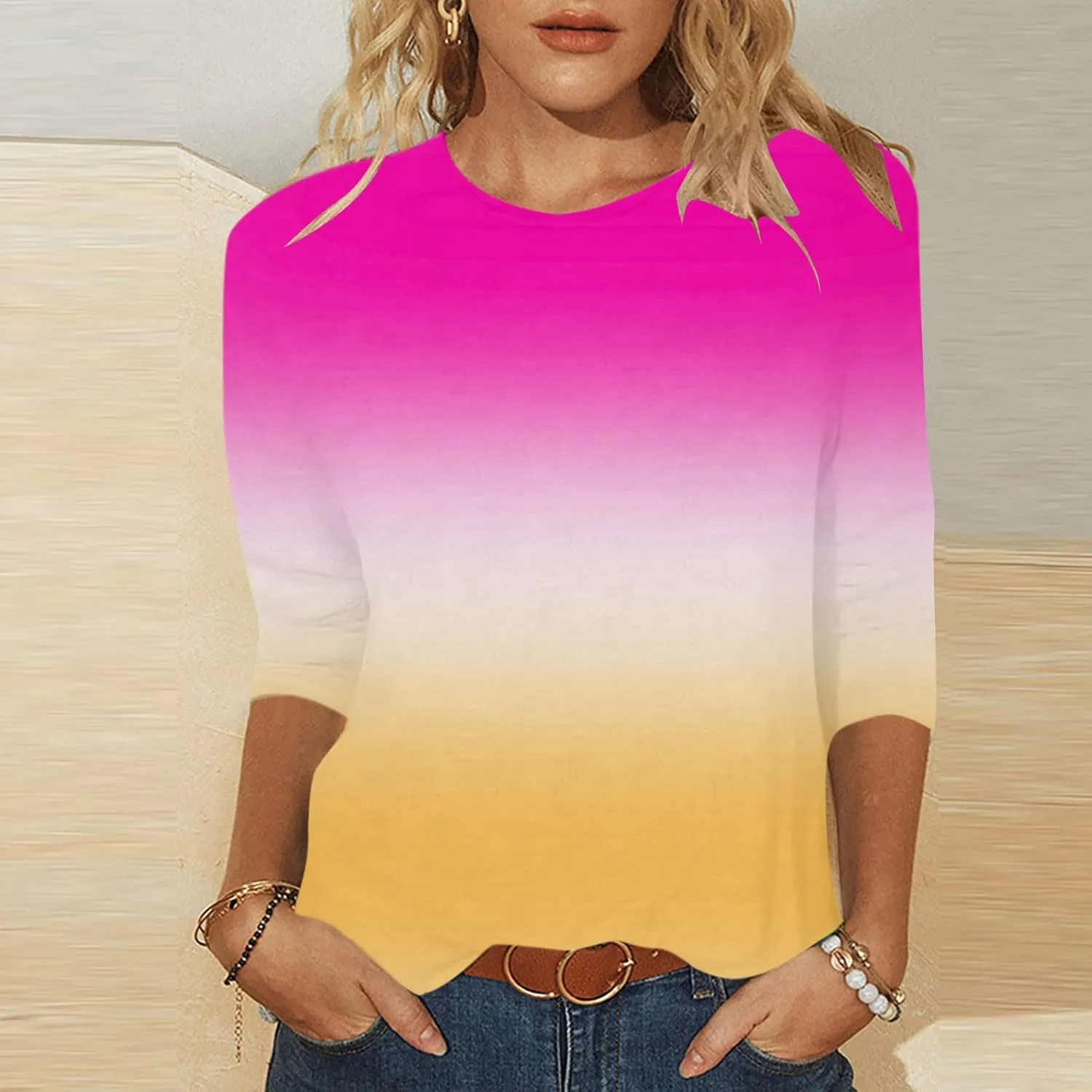 Kuluzego Women 3/4 Sleeve Tshirts Loose Fit Long Tops Tee for Women Crewneck Summer Fall Shirts 2025 Y2K 88
