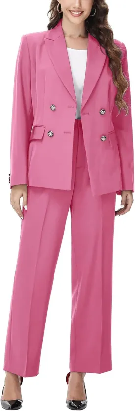 Lamgool Women's 2 Piece Set Double Breasted Blazer and Pants Suit Business Outfits for Work Office