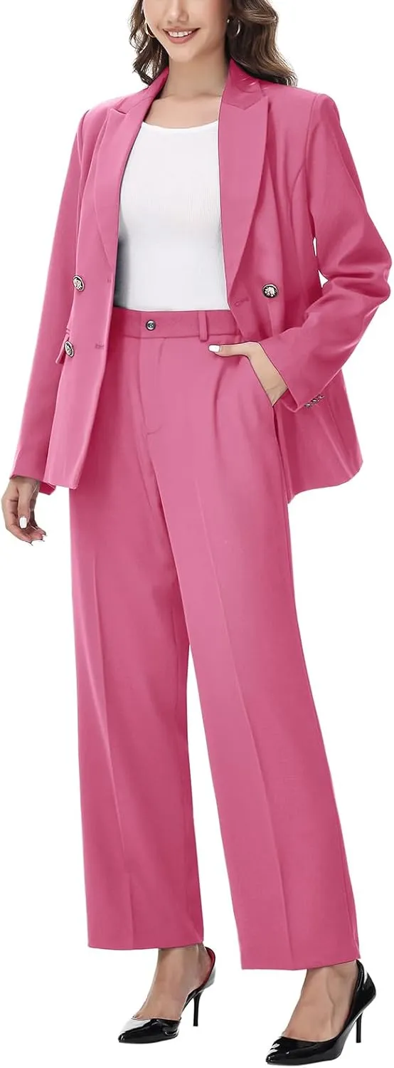 Lamgool Women's 2 Piece Set Double Breasted Blazer and Pants Suit Business Outfits for Work Office
