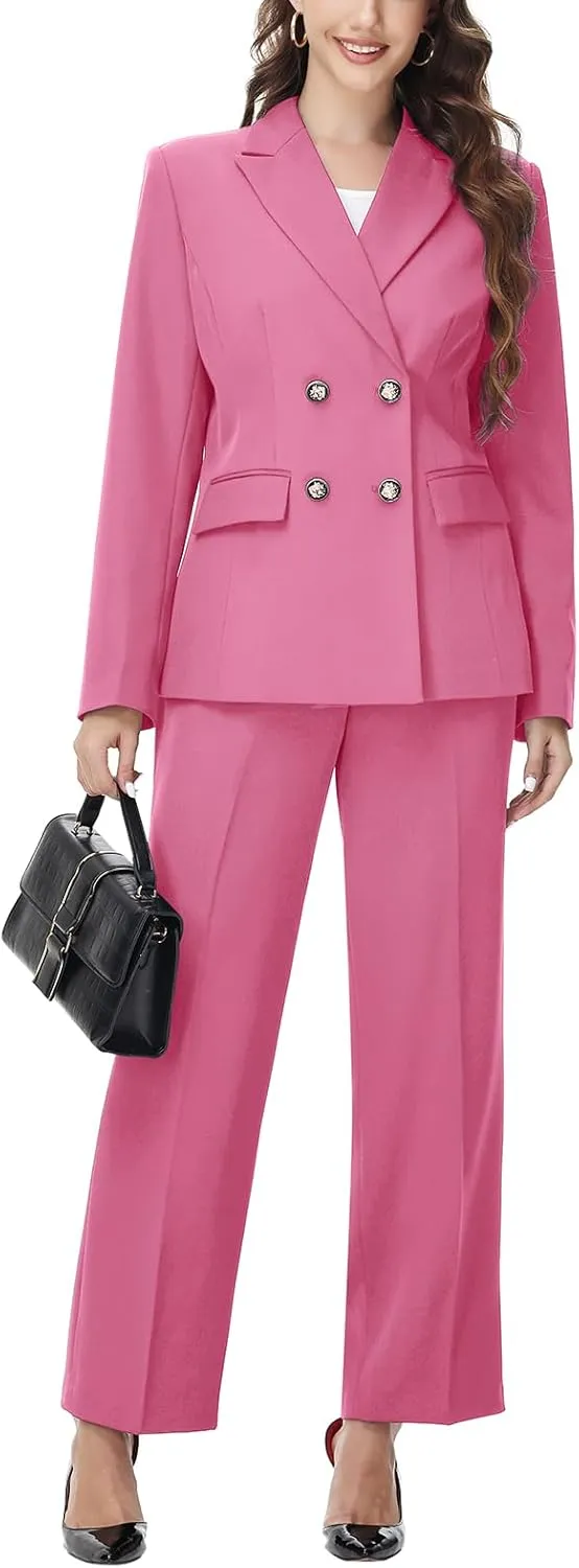 Lamgool Women's 2 Piece Set Double Breasted Blazer and Pants Suit Business Outfits for Work Office
