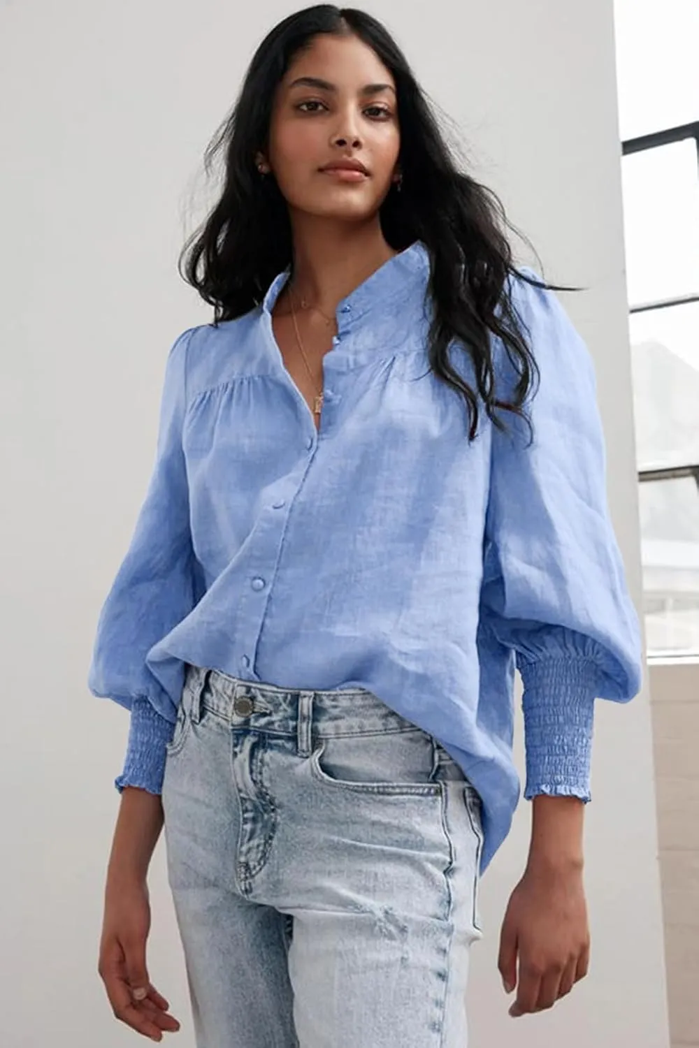 Lesore Womens Casual Button Down Crewneck Puff Long Sleeve Smocked Cuffs Shirt Blouses Tops