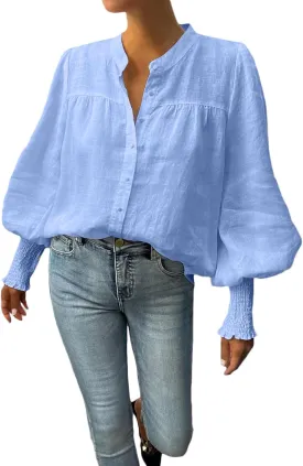 Lesore Womens Casual Button Down Crewneck Puff Long Sleeve Smocked Cuffs Shirt Blouses Tops