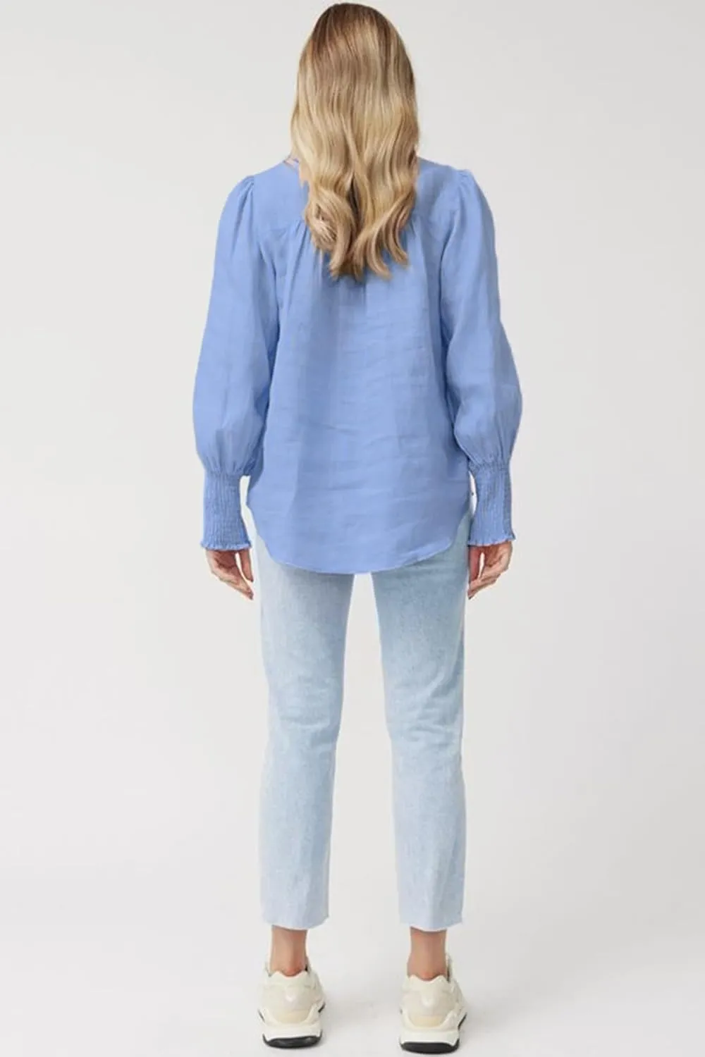 Lesore Womens Casual Button Down Crewneck Puff Long Sleeve Smocked Cuffs Shirt Blouses Tops