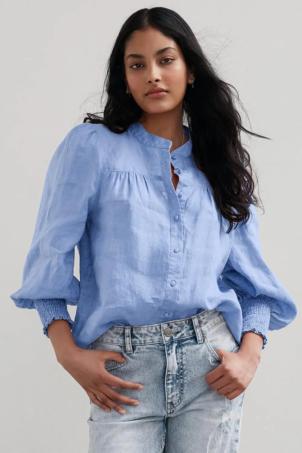 Lesore Womens Casual Button Down Crewneck Puff Long Sleeve Smocked Cuffs Shirt Blouses Tops