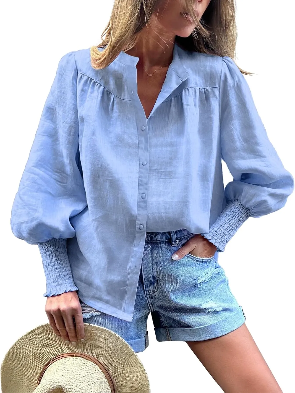 Lesore Womens Casual Button Down Crewneck Puff Long Sleeve Smocked Cuffs Shirt Blouses Tops