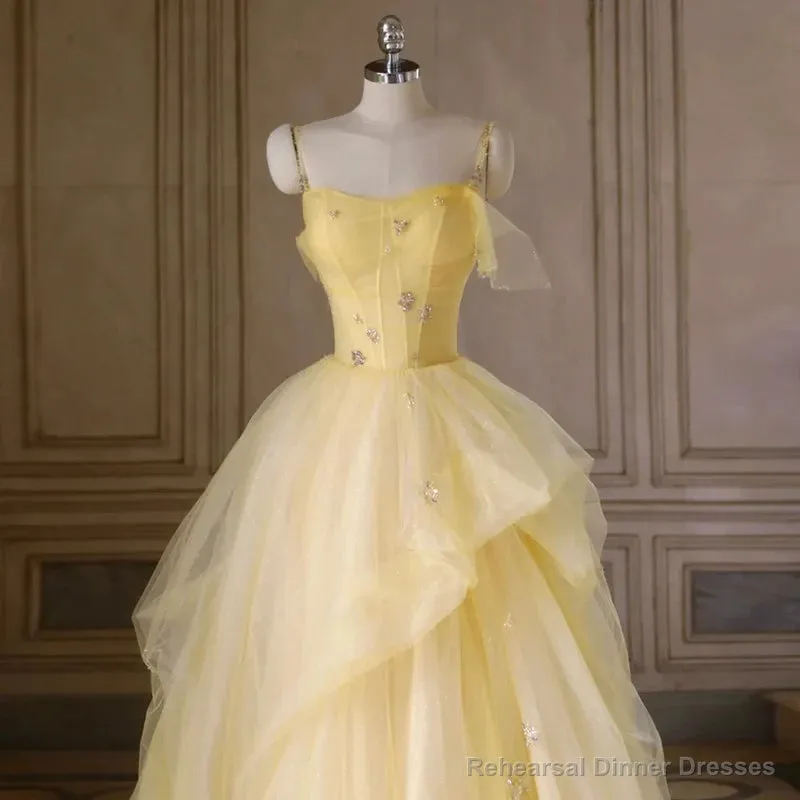 Light Yellow Tulle Long Party Dress Yellow Tulle Prom Dress prom dresses shops