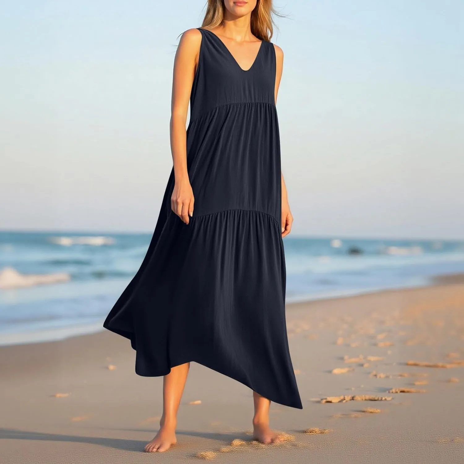 Linen Dresses for Women 2025 Summer Plus Size Casual Dresses Sleeveless V Neck Beach Flowy Long Dress with Pockets