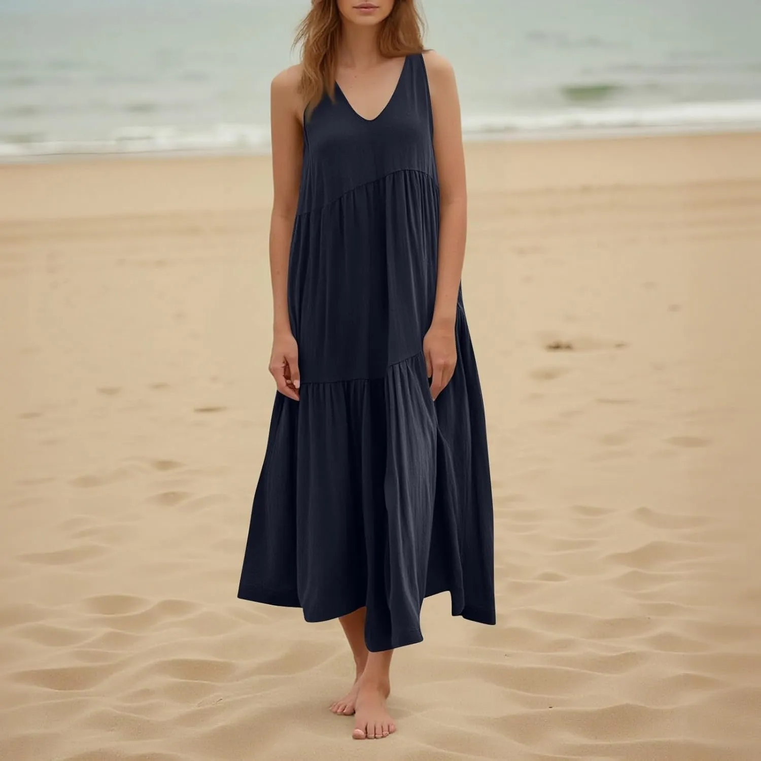 Linen Dresses for Women 2025 Summer Plus Size Casual Dresses Sleeveless V Neck Beach Flowy Long Dress with Pockets