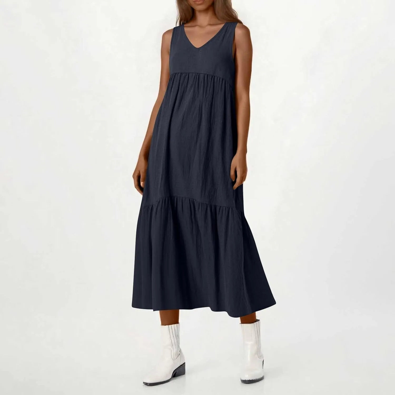 Linen Dresses for Women 2025 Summer Plus Size Casual Dresses Sleeveless V Neck Beach Flowy Long Dress with Pockets