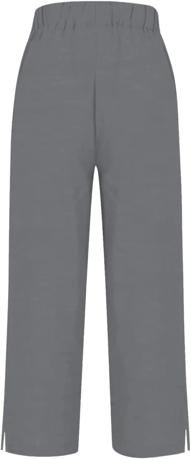 Linen Pants for Women Trendy Solid Straight Elastic Pant Long Drawstring Waist Cotton Casual Slit Plus Size Trousers