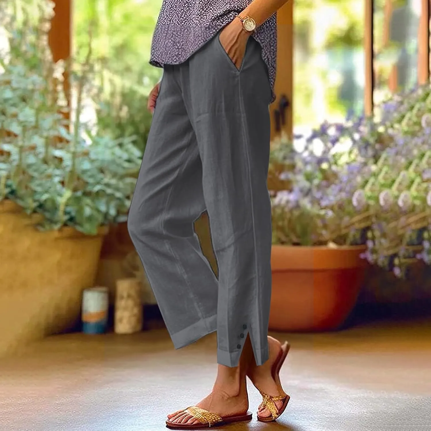 Linen Pants for Women Trendy Solid Straight Elastic Pant Long Drawstring Waist Cotton Casual Slit Plus Size Trousers