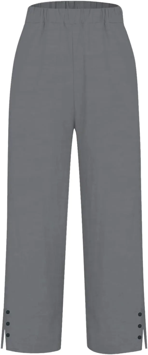 Linen Pants for Women Trendy Solid Straight Elastic Pant Long Drawstring Waist Cotton Casual Slit Plus Size Trousers
