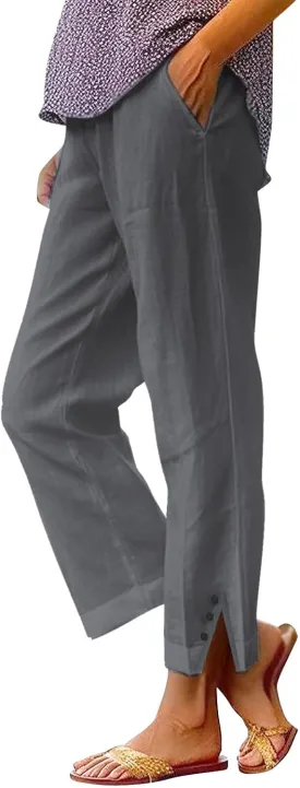 Linen Pants for Women Trendy Solid Straight Elastic Pant Long Drawstring Waist Cotton Casual Slit Plus Size Trousers