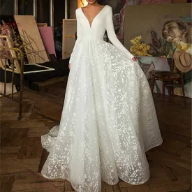 Long Sleeves A Line Wedding Dress Low Back Bridal Ball Gown V-Neck Bridal Dress