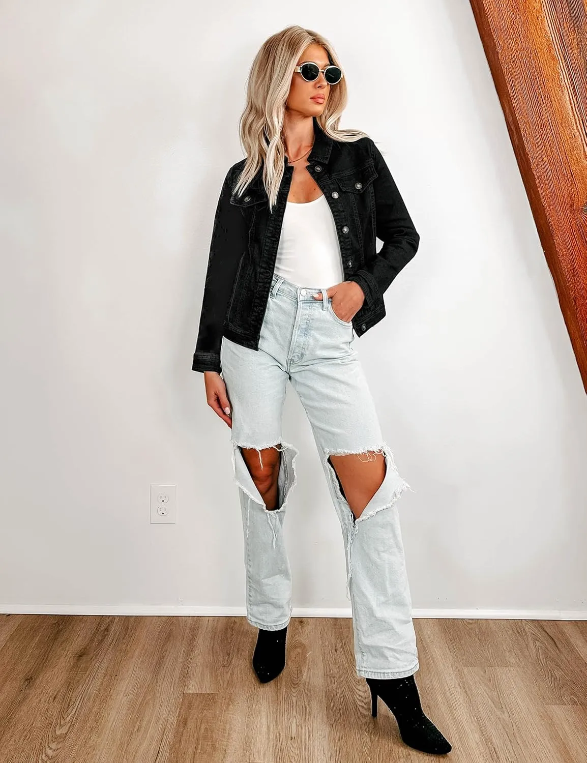 luvamia Women's Basic Button Down Stretch Fitted Long Sleeves Denim Jean Jacket