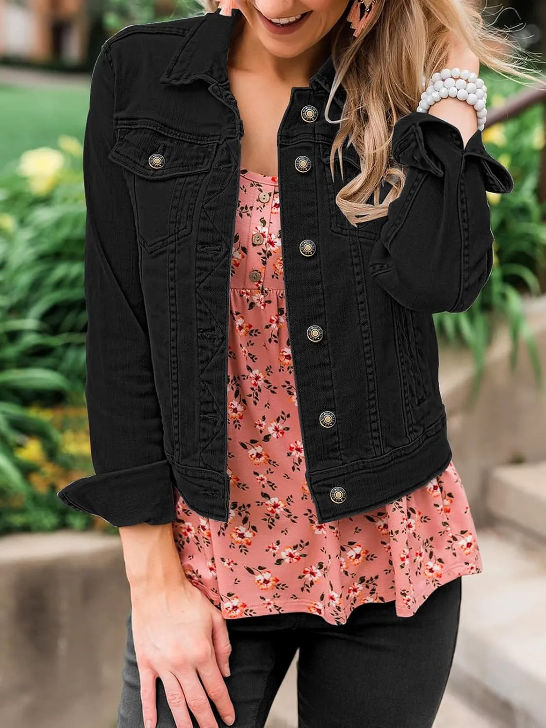 luvamia Women's Basic Button Down Stretch Fitted Long Sleeves Denim Jean Jacket