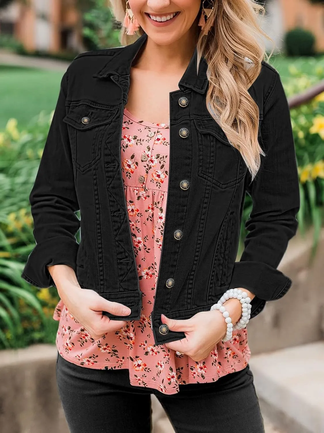 luvamia Women's Basic Button Down Stretch Fitted Long Sleeves Denim Jean Jacket