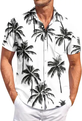 Mens Hawaiian Shirt Short Sleeve Button Down Shirts Palm Tree Floral Printed Casual Slim Fit Tops with Pocket