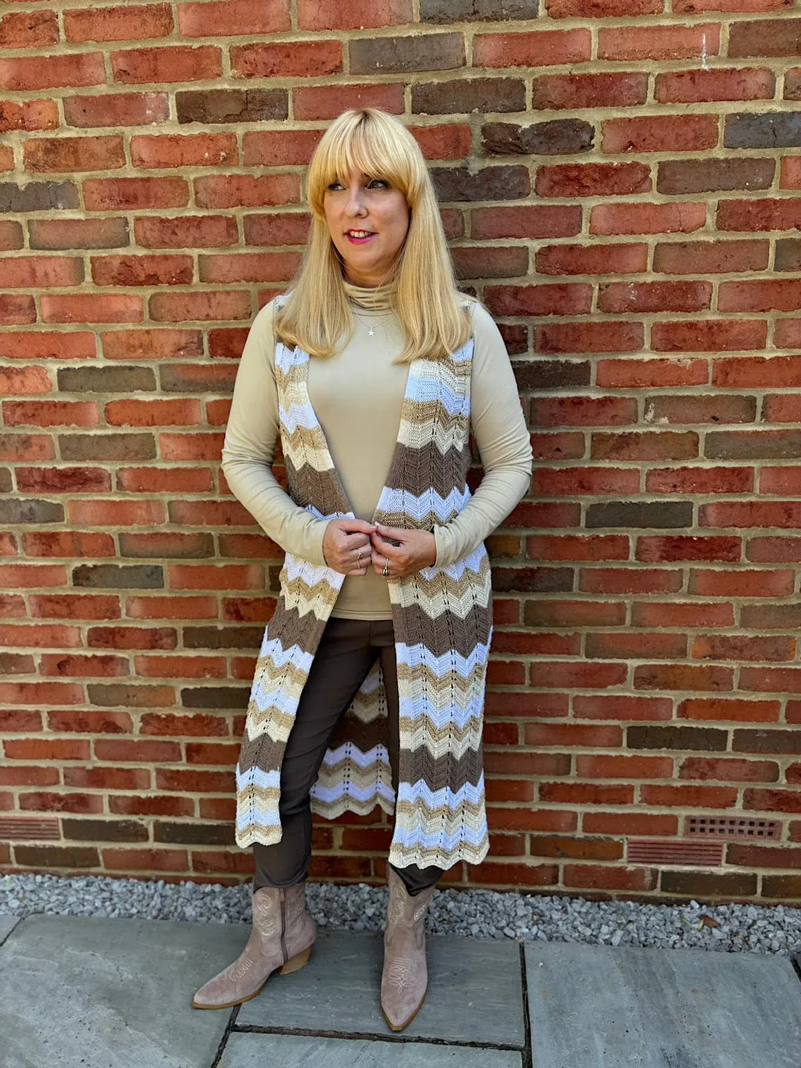 Mocha Shimmer Zig Zag Sleeveless Cardigan Debbie