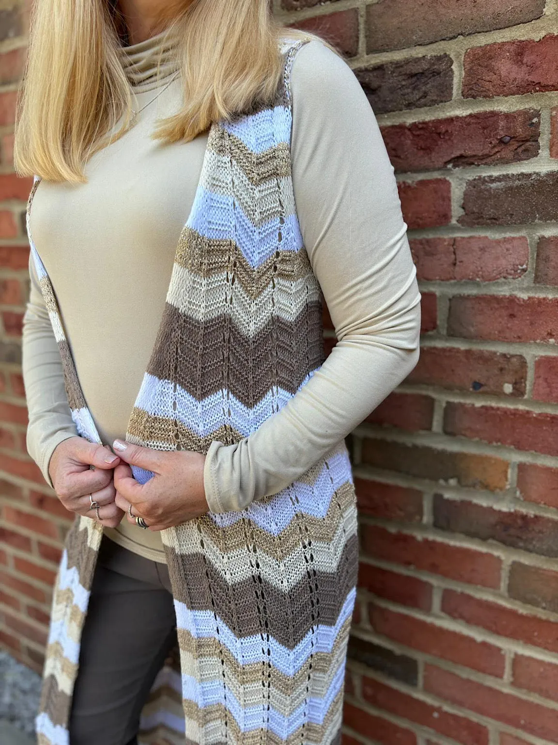 Mocha Shimmer Zig Zag Sleeveless Cardigan Debbie