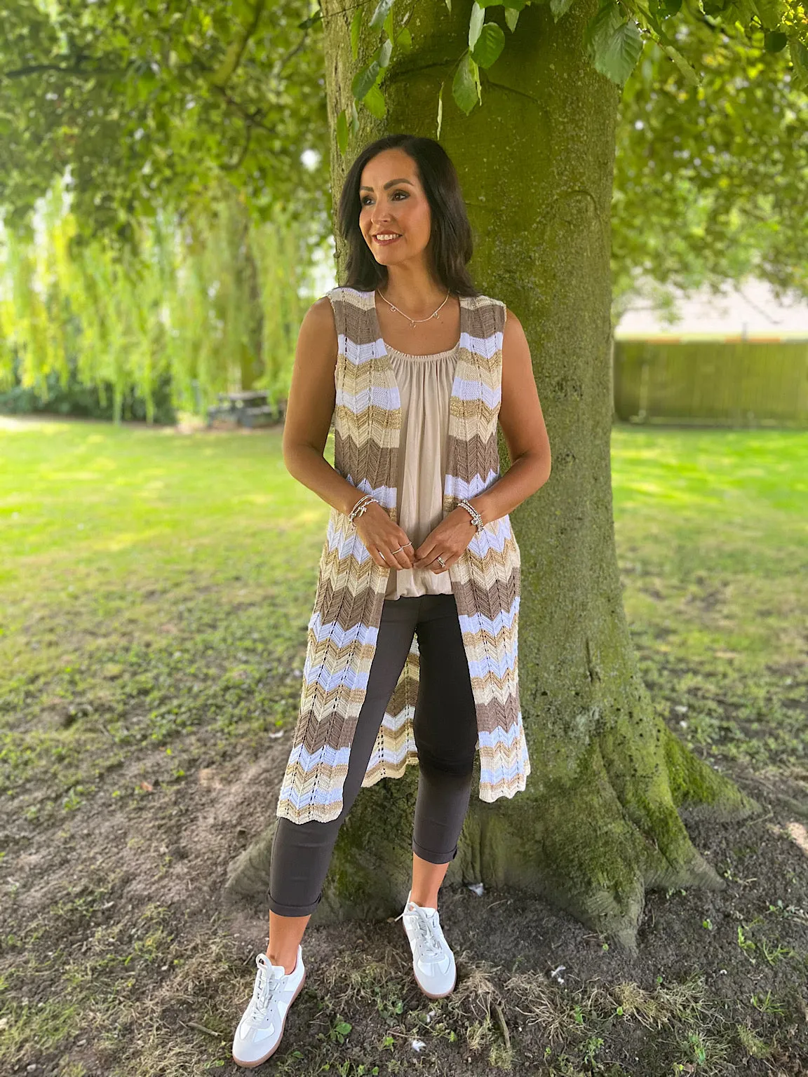 Mocha Shimmer Zig Zag Sleeveless Cardigan Debbie