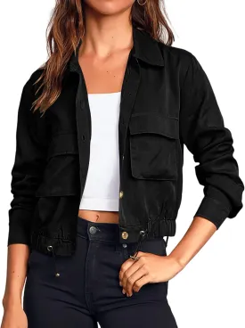Onedreamer Women's Military Safari Cropped Jackets Button Down Lightweight Oversized Utility Anorak Coat with Pockets