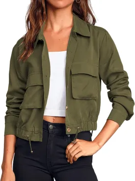 Onedreamer Women's Military Safari Cropped Jackets Button Down Lightweight Oversized Utility Anorak Coat with Pockets