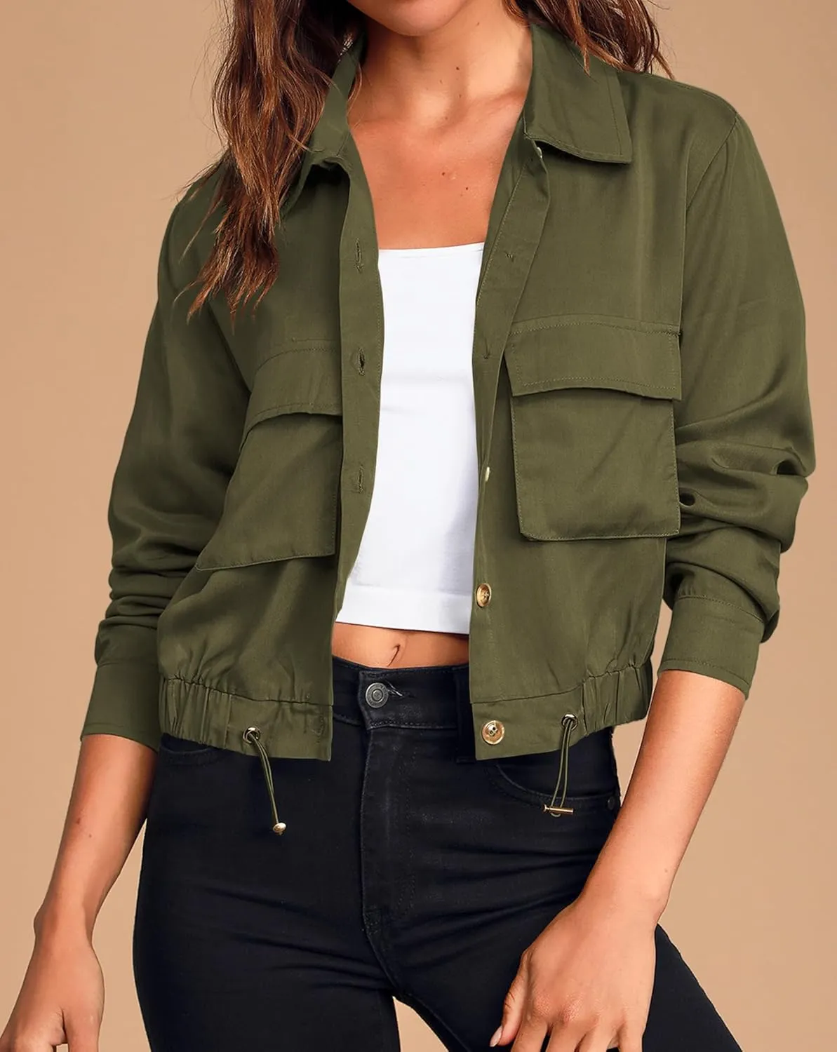 Onedreamer Women's Military Safari Cropped Jackets Button Down Lightweight Oversized Utility Anorak Coat with Pockets
