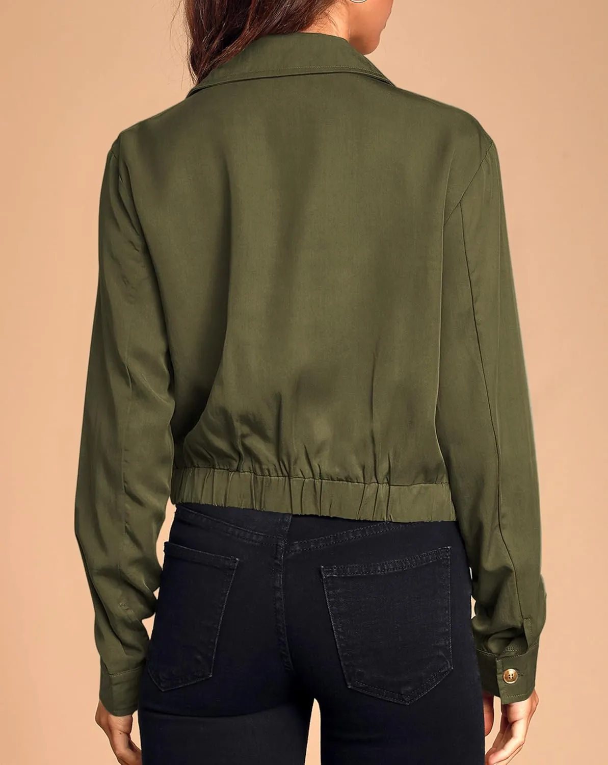 Onedreamer Women's Military Safari Cropped Jackets Button Down Lightweight Oversized Utility Anorak Coat with Pockets