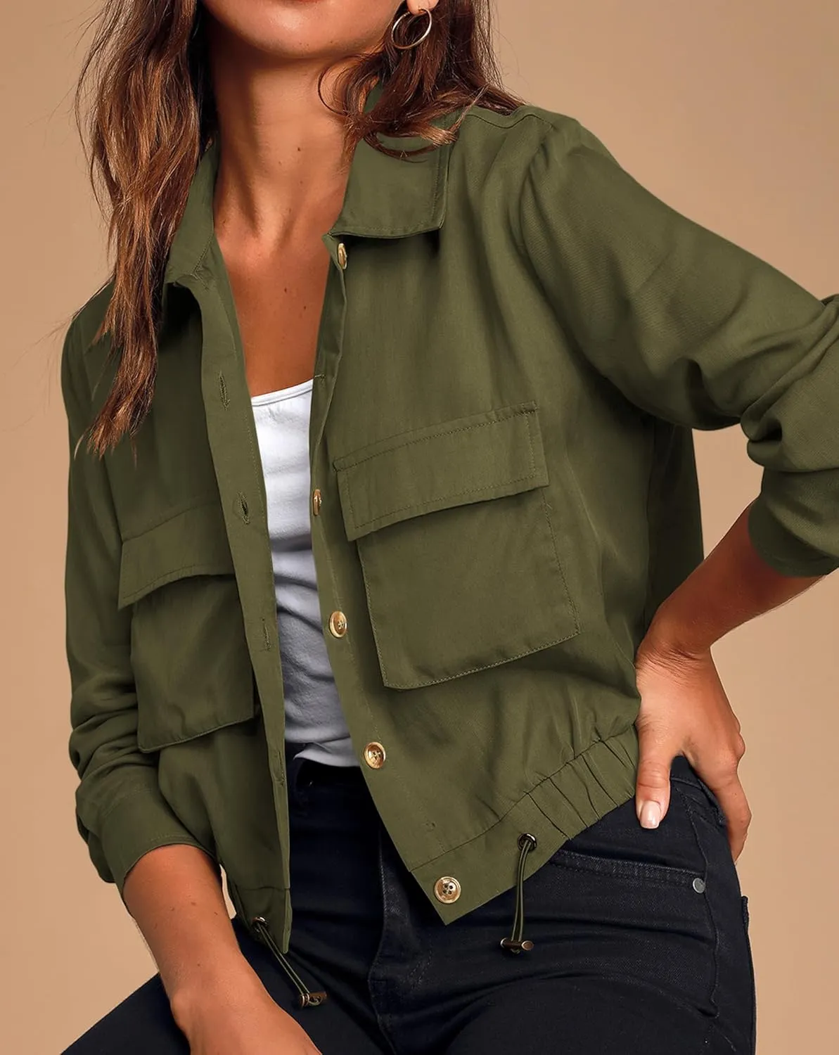 Onedreamer Women's Military Safari Cropped Jackets Button Down Lightweight Oversized Utility Anorak Coat with Pockets
